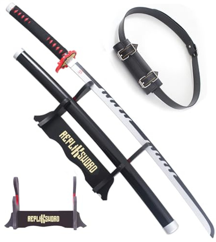 Demon Slayer Katana Tanjiro Sabre Version 2 Lame en Bois Kamado Epee Kimetsu No Yaiba Cosplay + Presentoir en Bois + Ceinturon