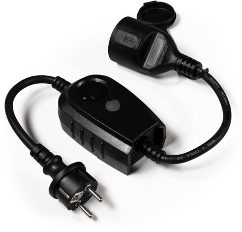 Zwischenstecker mit 3.680W Leistung – Steckdose IP44 Spritzwassergeschützt, einstellbare Zeit 1-9 Stunden, Einsteckschutz für Sicherheit – 40cm Kabel, ideal für Haus und Garten