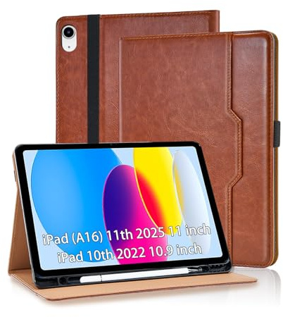 Vkooer Hülle für iPad (A16) 11. Generation 11'' 2025, iPad 10. Generation 10,9'' 2022 mit Stifthalter Premium PU Leder Schutzhülle Tasche Cover Case mit Auto Schlaf/Aufwach Kartentasche - Braun