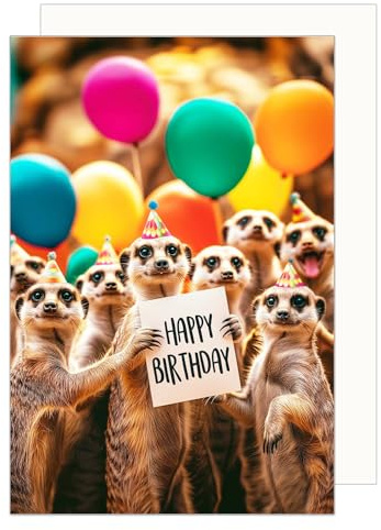 Edition Seidel Premium Geburtstagskarte mit Umschlag. Glückwunschkarte Tier Karte Billet Geburtstag Hapy Birthday Mann Frau Erdmännchen bunte Luftballons lustig Humor (G3564 SW024)