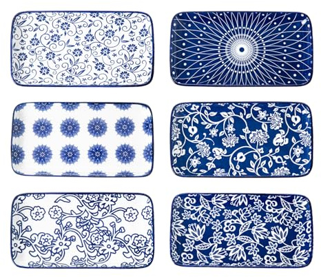 Cerkik Rechteckige Servierplatten Set - 21 cm Keramische Teller Rechteckige Servierplatten für Sushi Dessert Vorspeise - Ofen Mikrowelle Spülmaschinenfest - Set von 6 - Vintage Blau