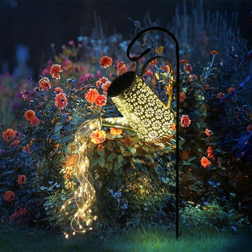 Solar Watering Can with Lights, Solar Lights Outdoor Garden Waterproof Metal Watering Can with Cascading Lights, Solar Lantern Decor for Garden Yard Patio, Gardening Present for Women Mom Birthday