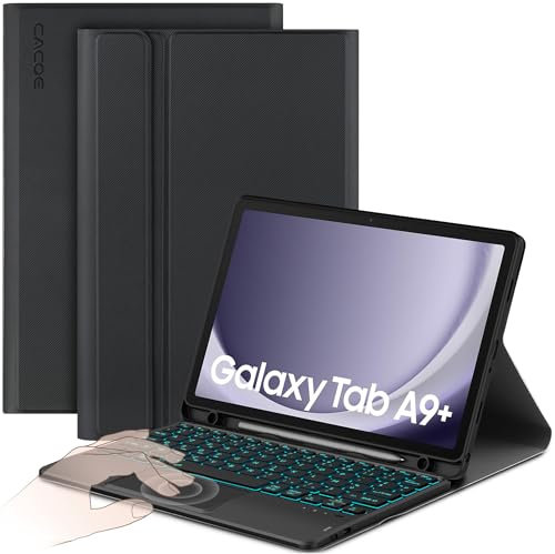 CACOE Étui Clavier Compatible avec Samsung Galaxy Tab А9 Plus 2023 11 Pouces avec Pavé Tactile, Éclairage 7 Couleurs Clavier AZERTY sans Fil Amovible, Noir