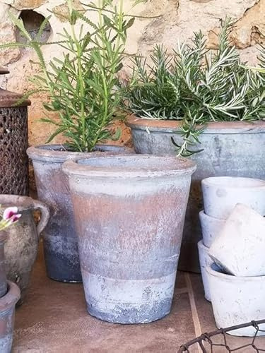 Terracotta Plant Pot, Tall Rustic Planter, Long Tom Rustic Aged Weathered Effect Grey Garden Vintage Herb Pot, Fluted Tapered Aged Grey Stone Terracotta Succulent Planter