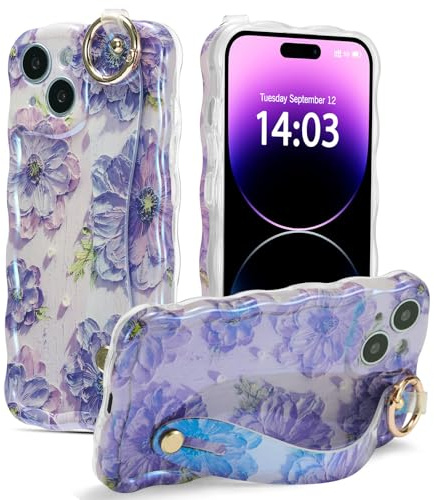 EYZUTAK Case with Hand Strap for iPhone 14 Plus/iPhone 15 Plus, Colorful Oil Painting Flower With Wristband Kickstand Laser Curly Wave Edge Case Durable TPU Protective Cover for Women - Purple