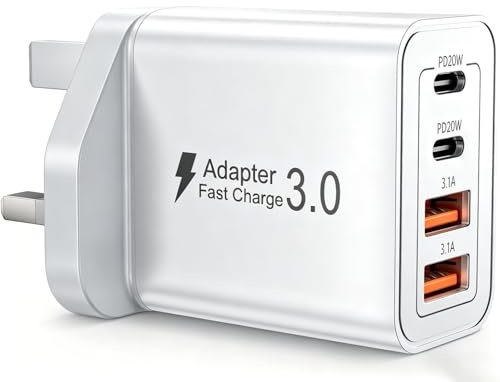 USB C Plug Fast Charge, 40W 4-Port Multi USB Charger Plug UK, Type C Charging Plug Compatible with Phone 16/15/14/13/12/11 Pro Max/XS/XR/8/Pad/Samsung