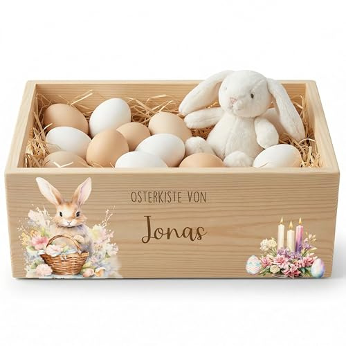 Kidsmood - Personalisierte Holzkiste mit Namen – Aufbewahrungskorb zu Ostern für Kinder, nachhaltig & kindersicher für Osterdeko & Ostergeschenke mit charmantem Körbchenhase (40x30x13)