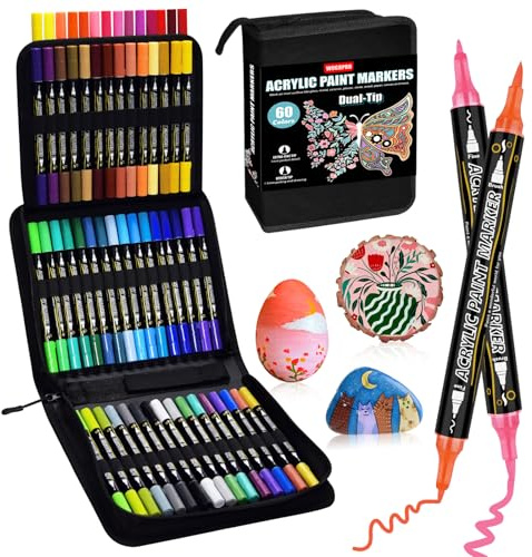 WOGOPRO Acrylstifte für Steine Wasserfest, 60 Farben Dual Tip Acrylic Marker für Steine Bemalen Holz Stein Stoff Leinwand Glas
