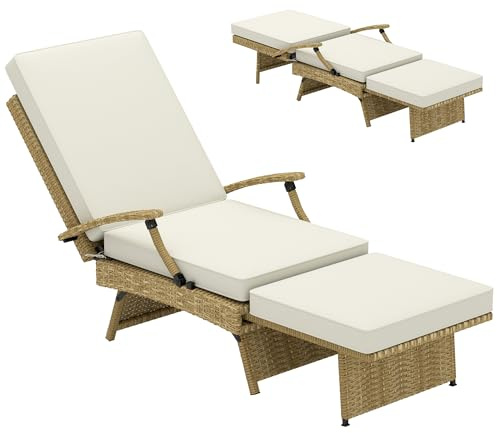 Outsunny Outdoor PE Rattan Recliner Chair with Cushion, Foldable Design Garden Recliner Chair with Retractable Footrest and Adjustable Back with 80° Recline, Beige