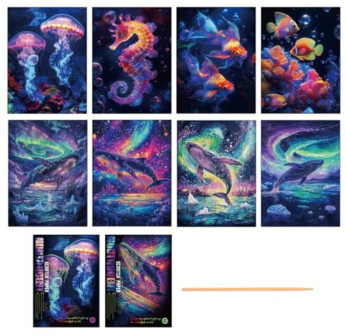 WOUYTPE 8 Pezzi Scratch Art Bambini Adulti, Rainbow Scratch Paper, Fogli Neri da Grattare, per Regali Fai da Te per Bambini e Adulti con Effetto Fosforescente, Natale (Mondo Marino + Balena)