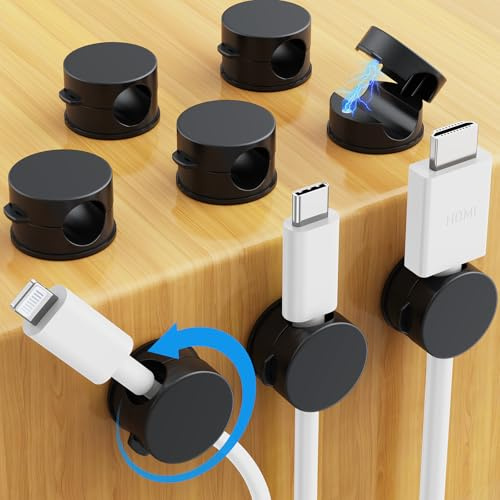AGPTEK 8 Stück Magnetische Kabelclips, 360° drehbare Kabelhalter, Schwarz | Selbstklebende Kabelklemmen mit Starken Klebepads für Schreibtisch, Wand, Kabelmanagement für Netzkabel, HDMI, Ladekabel