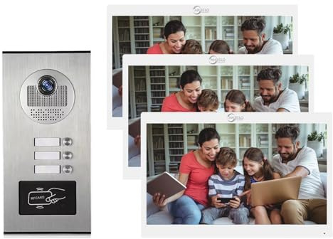 Verdrahtete Video-Türsprechanlage,7 Zoll Monitor 2-Wege-Sprechanlage,3 in 1 Entriegelung, intelligente Video-Türklingel mit Kamera & Gegensprechanlage für Multi Family (1 Türklingel + 3 Monitor)
