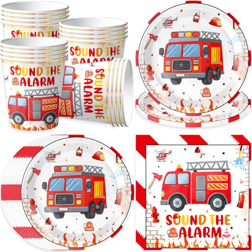 pekifaves Feuerwehrauto Partygeschirr Set 16 Gäste, Geburtstag Pappteller | Feuerwehr Feuerwehraut Party Teller Servietten Tassen, Feuerwehrmann Pappteller Kindergeburtstag Set für Junge