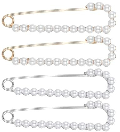 4 Stück Perlenbrosche,Sicherheitsnadel Perlen,Schleppennadel Brautkleid,Brosche Ausschnitt Verkleinern Broschen Anstecknadeln für Damen,Broschennadeln Groß,Sicherheitsnadeln mit Perlen,Kleidung Clips