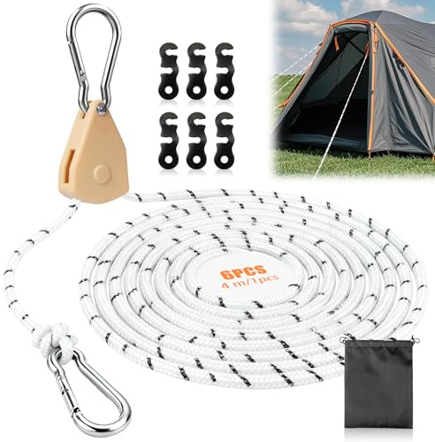 Cuerdas Reflectantes para Tienda Rope Ratchet Cuerda 4mx4mm Tensoras Trinquete de Cuerda con Gancho Tensor para Acampar Ajustable para Acampar al Aire Libre Senderismo Toldo (Blanco, 6PCS)