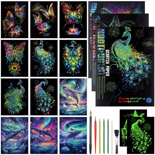 JIANTA Glow in The Dark Rainbow Scratch Art, 12 Fogli Arcobaleno da Grattare con 7 Strumenti, Scratch Painting Paper, Farfalla+Pavone+Balena