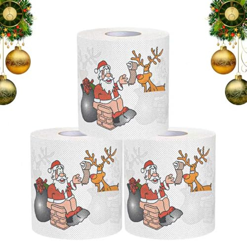 Lot de 3 rouleaux de papier toilette de Noël amusant, Père Noël, pour salle de bain, WC, dîner, serviettes décoratives de Noël