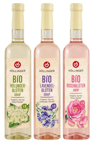 Höllinger Bio Blütensirup Set, Lavendelblüte, Rosenblüte, Holunderblüte, Vegan, 3 x 500ml, Getränkesirup ohne Konservierungsstoffe