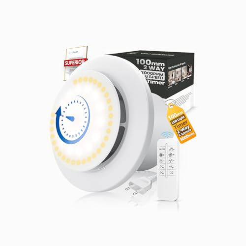 SLUELI 100mm Badlüfter mit Nachlauf & LED Beleuchtung,3000U/min 220m³/h,2 Wege 6 Drehstufen mit Anzeigelampen & Fernbedienung,Starke Luftleistung,2W DC Motor,Einfach Installieren