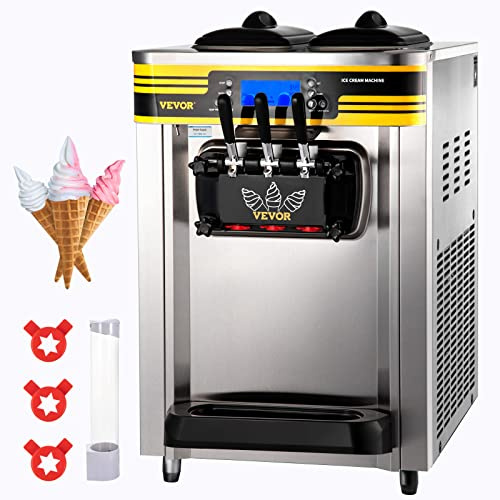 VEVOR Máquina de Helado Suave Rendimiento de 22-30 L/hora, Máquina de Helado Comercial de Encimera, 3 Sabores, Tolva de Mezcla de 6 L, para Heladerías, Panaderías, Restaurantes, 74,5 x 54 x 86 cm