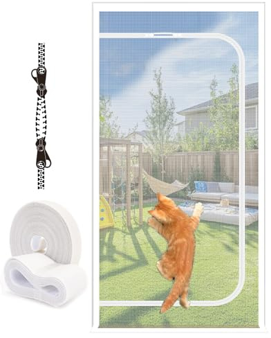 MAGICDOOR Moustiquaire Porte Fenêtre Renforcée pour Chat 120x210cm, Blanc | Rideau Filet Anti Moustiques pour Balcon Salon, Résistant aux Rayures, avec Fermeture Éclair, 4cm Bande Adhésif Haut
