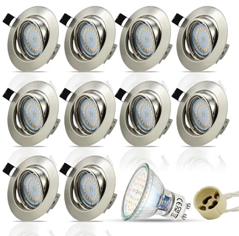 HiBay 10er Set Einbaustrahler 230V LED GU10 Spots Edelstahl gebürstet Einbauspots Schwenkbar Rund einbauleuchten Ø68mm, Inkl.5W Neutralweiß Strahler | LED Spots 4500K Rund Einbauspots Edelstahl Gebürstet für Wohnzimmer Schlafzimmer Küche Flur Büro
