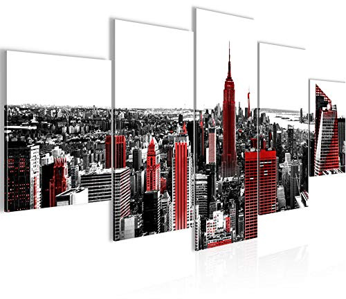 Runa Art - Väggmålningar New York City 200 x 100 cm 5 Delar XXL Väggdekoration Design Röd Grå 003751a