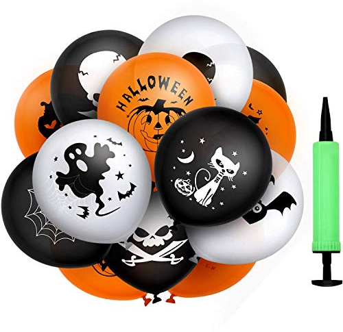 MonQi 100 pezzi di Buona Saldabilità Ispessimento Palloncini in Lattice di Halloween con Pompa ad Aria, 9 Popolari Modelli di Elementi di Halloween, Possono Completamente Gonfiati a 30 cm