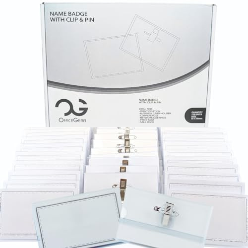 OfficeGear Namensschilder mit Clip und Nadel (110 Stück) – Ausweishalter mit Einlegern für Konferenzen, Firmenevents, Networking, Schule, Meetings – 90 × 54 mm