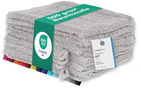BaSaTex Frottee Waschhandschuhe, 10 Stück, 15x21 cm, Silber | 100% Baumwolle, Made in Green Zertifiziert, Aufhängeschlaufe, Saugstark und Weich