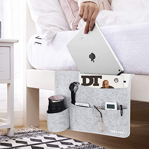 Betoores Portaoggetti letto borsa, Feltro Borsa da Comodino per Bottiglie d'Acqua, iPad, Tavoletta, Riviste, Telecomando, Cellulare, Occhiali - Grigio