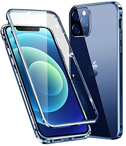 MOSSTAR Hülle für iPhone 12 Pro Max,Magnetische Adsorption Metallrahmen 360 Grad Full Body Handyhülle Vorne hinten Gehärtetes Glas Schutzhülle Einteiliges Ultra Dünn Flip Transparente Cover,Blau