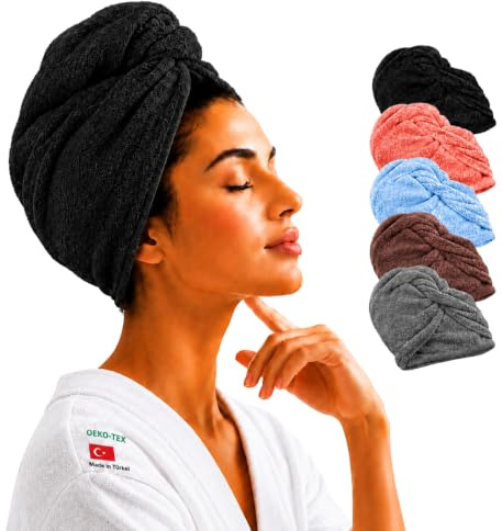 pamuq ® Haarturban aus 100% Baumwolle (Schwarz) – 2er Set Haarhandtücher mit Knopf, schnelltrocknendes Haartrockentuch für nasse & Lange Haare, weiches Turban Handtuch Damen