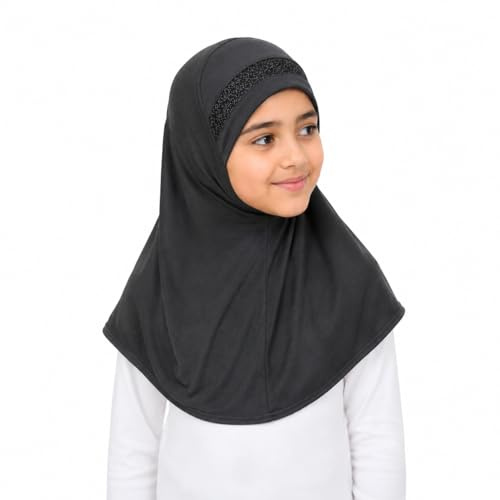 Yaqeen Foulard instantané pour fille Hijab Al Amira avec bordure pailletée, écharpe prête à l'emploi, idéal pour toute occasion école/crèche, noir profond, Taille unique