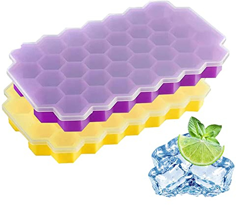 Micacorn Bac à Glaçons en Silicone, 2 Pcs Moules à Glaçons de 74 Hexagonal Blocs avec Couvercle, Sans BPA, Bacs à Glaçons pour Aliments pour Bébés, Boissons, Bière, Whisky, Glaçons aux Fruits