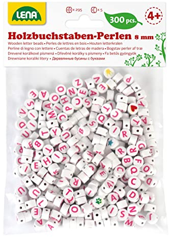 Lena 32050 Bastelset Buchstabenperlen aus Holz, 300 runden Fädelperlen und mit rosa Buchstaben, Holzperlen Set für Kinder ab 3 Jahre, zum selber basteln von Perlen Schmuck, Weiß, Mittel