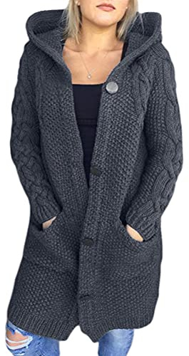 Tomwell Gilet Femme Hiver Cardigan Long Ouvert Épais Manches Longues Pull Chaud Casual Capuche Manteau Sweater Chandail Outwear A Gris Foncé L