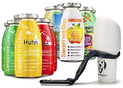 Hunde Smoothie SmoothieDog 12er Mix + Doggyroller m. Halter, Karabiner Blau - je 2X: Huhn, Rind, Lamm, Ente, Immunio, Veggie - Flüssiges Hundeleckerli - Zucker- & glutenfrei - Zubehör Hund - je 250ml
