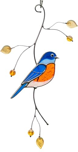 Gift Birds Handmade Stained Glass Suncatcher Genuine Stained Glass Window Hangings Unique Indoor Ornament & Outdoor Decor (Bluebird)