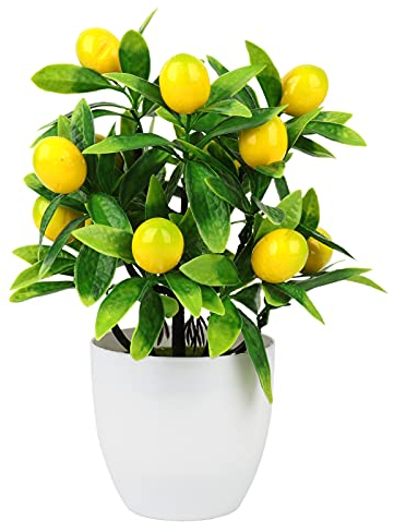 LEMCC Künstlicher Zitronenbaum, Topfpflanzen, 24,5 cm, klein, gelbe Zitrone, Bonsai mit weißem Kunststofftopf, Simulation, Obstbaum für Küche, Haus, Garten, Bauernhaus