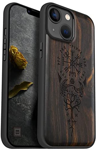 Carveit Holz Cover für iPhone 14, Dunklesholz-Wikingerkompass | Handyhulle kompatibel MagSafe Massivholz für iPhone 14 Handyhülle Stoßstange Weich TPU Case