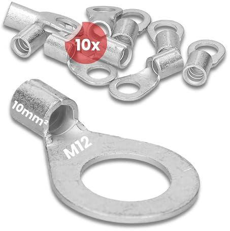 Kalitec 10x Quetschkabelschuh 10mm² M12 - Ringkabelschuh DIN 46234 | Unisoliert aus Elektrolyt-Kupfer - Dornpressung - Für fein- und feinstdrähtige Leiter - Kabelschuhe Set blank