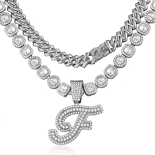 Lucopsny Chaîne à maillons cubains pour femme – Collier avec initiale en argent, chaîne cursive de 14 mm pour bijoux hip-hop, Two Sizes: 16 inches and 18 inches, Zinc, Strass