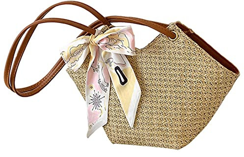 Stroh Handtasche Damen,Groß Strandtasche Stroh mit Leder Schultergurt,Strohtasche Damen Stroh Umhängetasche Strandtasche Handtasche Sommertaschen Crossbody Tasche für Damenreisen und Urlaub