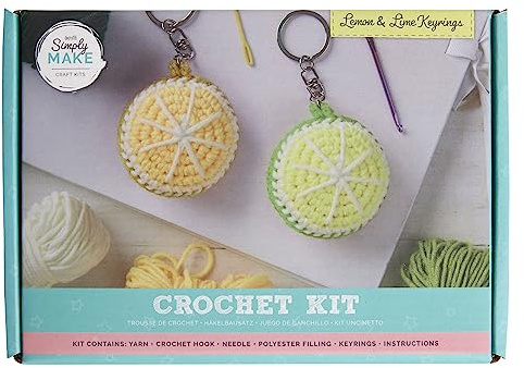 Simply Make Docrafts Crochet Key Ring Craft Kit Lemon and Lime Fruit Bright Coloured, Contains All Supplies Needed, Hobby Craft for Adults and Older Children, Great for Bags, Keychain, Decoration