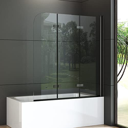 Duschwand für Badewanne 130x140cm 3-teilig Schwarz Duschabtrennung Faltbar, Glas Badewannenaufsatz Duschtrennwand aus 6mm ESG NANO Sicherheitsglas, Dreifaltigkeitstür Duschwand