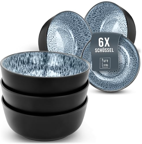 Steingut Müslischalen 6 Personen Ibiza TESTSIEGER, Traumhaftes Mediterranes Steingut Müsli Schüssel Set, Kleine Schüssel, Müslischale - Pure Living in Rauchblau