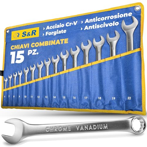 S&R Ring-Maulschlüssel Satz 15-teilig, Schraubenschlüssel 6-22 mm, Master-Serie, Cr-V Industriestahl, geschmiedet, gehärtet, doppelt verchromt, mattiert, Gabelringschlüssel in Tetron-Rolltasche