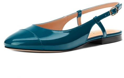 zasudxie Women's Slingback Flats, Patent Leather Round Toe Ballet Flat Casual Flat Work Shoes, Low Heel Sandals Classic Dress Shoes with Buckle Teal Patent Size 7