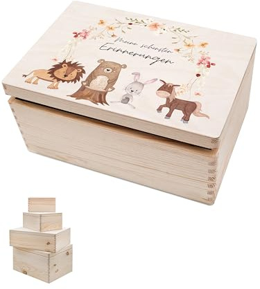 wunderwunsch® - Personalisierte Erinnerungsbox Baby mit Spezial-Druck - Baby Erinnerungsbox - Erinnerungskiste aus Holz - Geschenk zur Geburt (Tiere Blumenkranz, M | Klappdeckel)